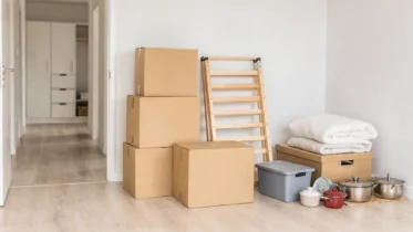 Kartons, Möbel und sortierte Gegenstände in einer leeren Wohnung bei einer Haushaltsauflösung nach dem Umzug