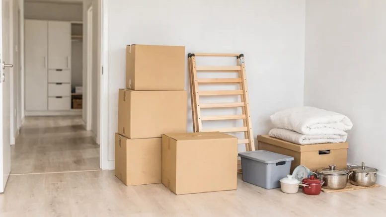 Kartons, Möbel und sortierte Gegenstände in einer leeren Wohnung bei einer Haushaltsauflösung nach dem Umzug