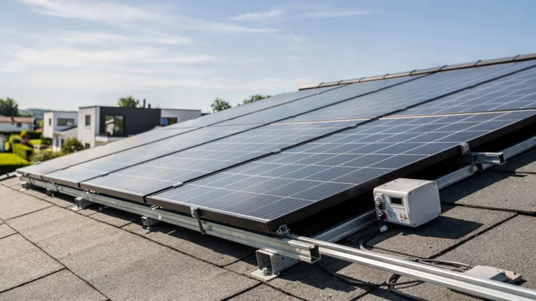 Photovoltaikanlage auf einem Hausdach mit Solarmodulen und Wechselrichter im Wohnhausumfeld.